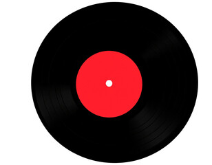 A close-up of a vinyl record displaying a distinct red spot on the front.