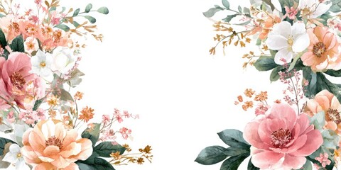 Fototapeta premium Watercolor Floral Frame with Pink Flowers and Green Leaves on White Background
