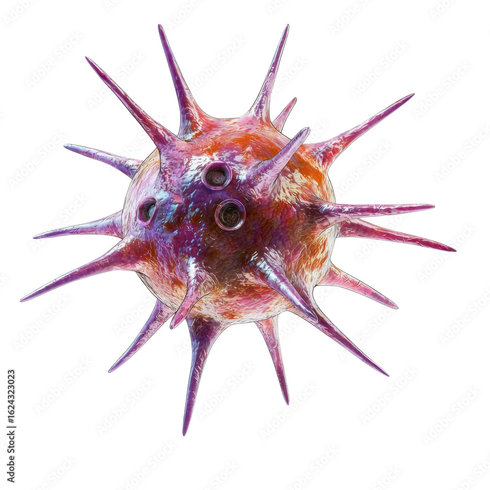Poster colorful 3d rendering of a spiky virus or pathogen representation with vivid textures and intricate 