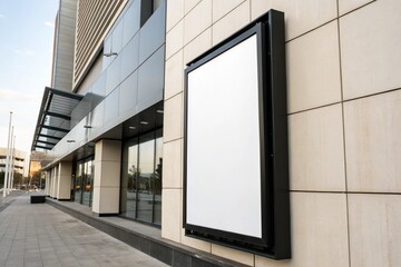 Blank white signage mockup in black frame, displayed on exhibition hall wall. Perfect for urban advertising, marketing presentations, posters, banners, and commercial promotion designs.

