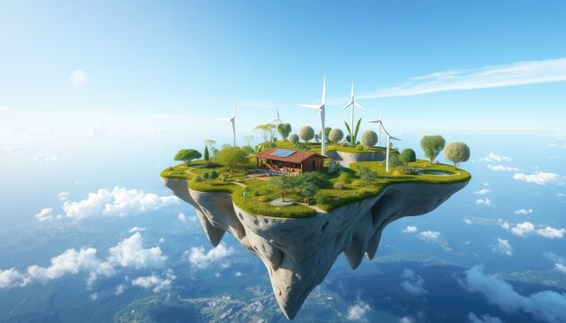 Island made entirely of plants and renewable technology, floating in the sky, bright and dreamy atmosphere 2