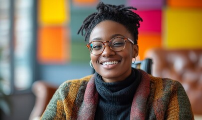Inclusive image of a happy smiling Black African American disabled office LGBTQ+ colleague in a wheelchair, promoting diversity and inclusion in the workplace, Generative AI
