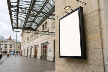 Blank white signage mockup in black frame, displayed on exhibition hall wall. Perfect for urban advertising, marketing presentations, posters, banners, and commercial promotion designs.

