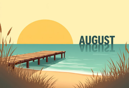 Serene beach sunset with august reflection and wooden pier for summer design