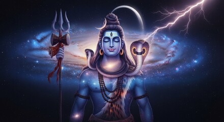 Naklejka premium A divine illustration of the powerful Shiva Lord in deep meditation, wielding his trident against a cosmic backdrop of a galaxy and lightning.