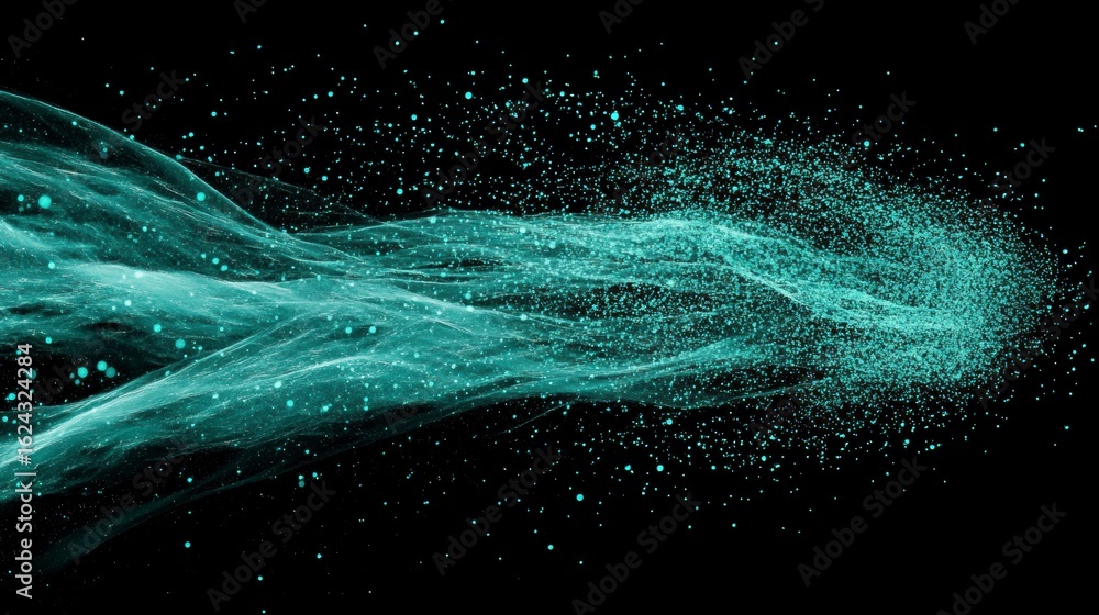 Poster abstract teal particle stream flowing in dark space.
