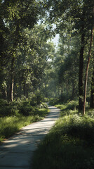 Fototapeta premium Tranquil Adventure: Cycle Through Nature's Lush Canopy on a Serene Woodland Trail