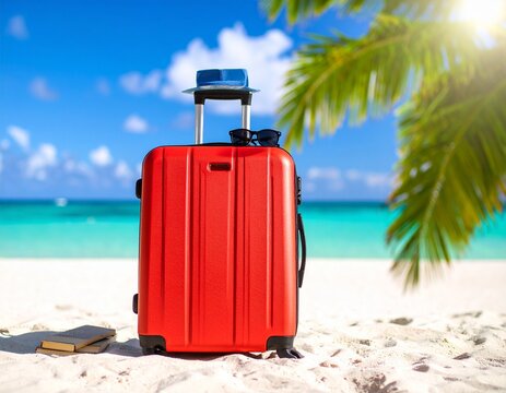 Red Suitcase and Travel Accessories on a Tropical Beach
