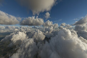 High-angle view of cumulus clouds over landscape.  Vast expanse of puffy white clouds against a partly cloudy, light-blue sky.  A glimpse of the terrain beneath