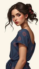 Naklejka premium Portrait of a beautiful woman with brunette hair in a blue floral dress looking back art