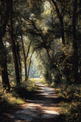 Obraz premium Tranquil Adventure: Cycle Through Nature's Lush Canopy on a Serene Woodland Trail