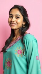 Portrait of a beautiful young indian woman smiling wearing traditional ethnic dress and earrings