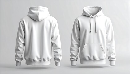 Blank white hoodie sweatshirt template. Front and back view of isolated casual apparel for mockup.