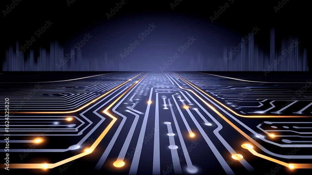 Poster glowing circuit board path futuristic digital network background