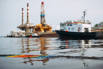 Fototapeta premium Oil spill reflecting rainbow colors on water near industrial platform