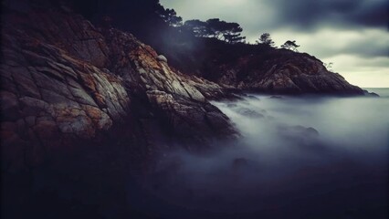Misty, dramatic rocks by the sea.
