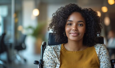 Happy disabled Black African American woman in a wheelchair working remotely from home at her computer. The image reflects an inclusive and diverse working environment, Generative AI