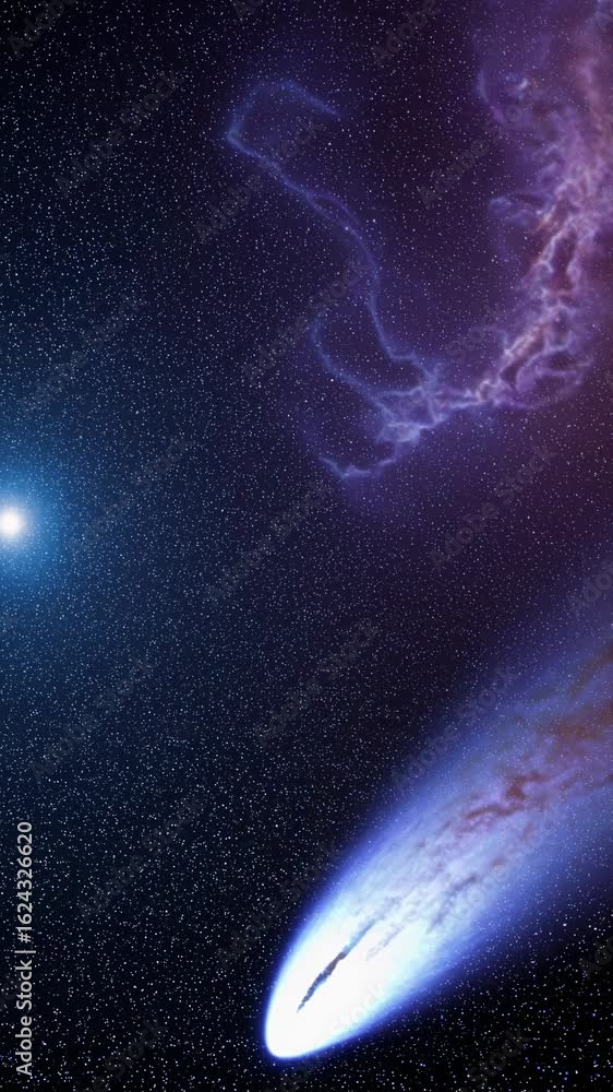 Aufkleber a mesmerizing cosmic scene with a comet and nebula captured from a low-angle, perfect for a space-th