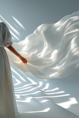 Elegant woman in flowing dress, holding a light source, soft shadows and light patterns creating a dreamy atmosphere.