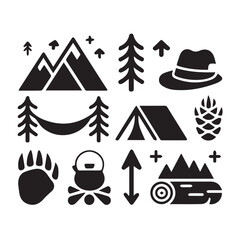 Collection of black silhouette icons representing outdoor camping and wilderness adventure activities