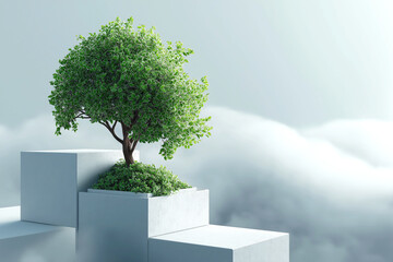 Green Tree on Minimalist Concrete Platforms
