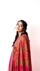 Naklejka premium Portrait of beautiful indian woman in traditional saree shawl and gold earrings on white background