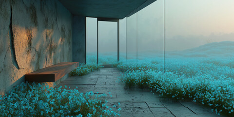 Abandoned Concrete Structure with Blue Flowers
