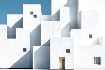 Modern architecture design, striking geometric white buildings with varied window shapes against a clear blue sky, ideal for showcasing innovative urban planning.