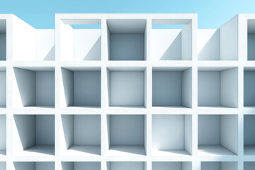 Modern architectural design, elegant white shelving units, minimalist aesthetic, perfect for displaying art or decor.