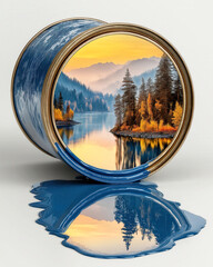 Artistic paint can with vibrant mountain landscape, colorful spill on surface, perfect for creative projects or home decor.