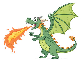 Green cartoon dragon breathing a large burst of fire