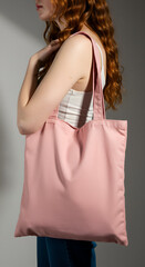 Woman holding a light pink tote bag (2)