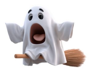 Ghost broom cartoon flying scared Halloween white sheet mouth eyes funny animated character spooky supernatural emotion fear expression isolated transparent background fantasy magic spirit