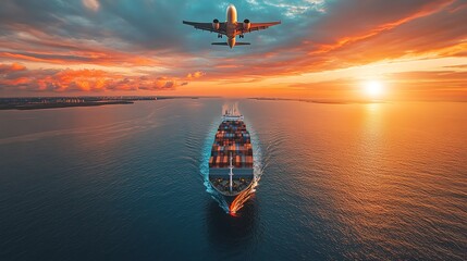A cargo ship sails through calm waters at sunset while an airplane flies overhead, highlighting global transportation and trade.