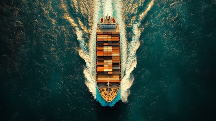 A large cargo ship sails through deep blue waters, leaving a white wake behind, loaded with multicolored shipping containers arranged on its deck.