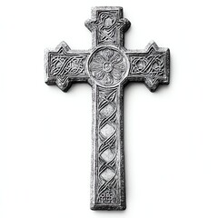 Ornate stone cross with intricate carvings featuring Celtic knotwork and floral patterns on a white background.