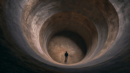 A man standing in the center of an old, round, spiral tunnel, top view, photorealistic, cinematic lighting, cinematic.