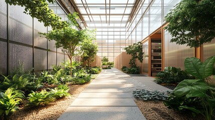 A modern indoor garden corridor features lush greenery, large windows, and natural light, creating a serene and inviting environment.
