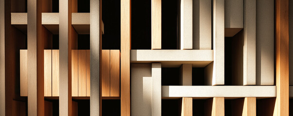 Abstract wooden panels, warm tones and geometric patterns, artistic display highlighting texture and rhythm, perfect for modern decor.