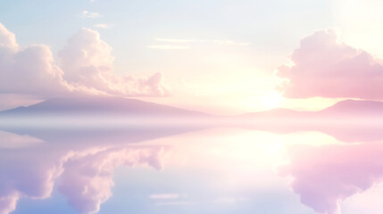 Serene lake reflecting colorful sunrise, tranquil water with pastel hues, perfect for relaxation themes or peaceful backgrounds.
