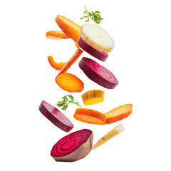 Freshly chopped root vegetables falling isolated on transparent background
