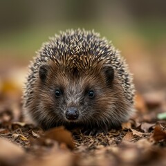 A Tiny Hedgehog Curled Up in Autumn Leaves