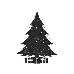 Fototapeta premium Silhouette christmas tree with gifts and decorations