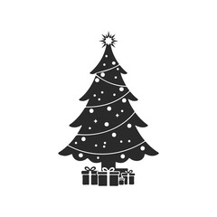 Fototapeta premium Festive christmas tree with star top and presents silhouette on white background