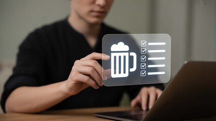 Man using beer app on laptop for brewery inventory, planning a vibrant night out, or managing bar promotions, a modern twist on happy hour, perfect for tech and leisure businesses