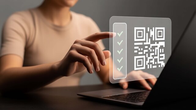 Woman uses modern laptop to scan QR code, unlocking digital access and streamlined processes for secure payments and verifying information in today's fast paced world