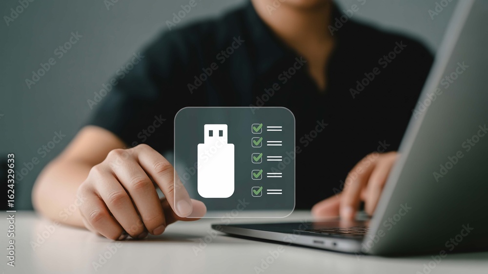 Poster data backup checklist ensures secure file transfer on laptop, creating peace of mind for business pr