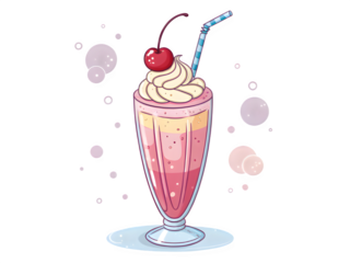 Delicious pink strawberry milkshake topped with whipped cream and cherry