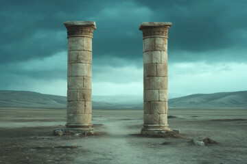 Two ancient stone columns standing tall in a serene landscape, showcasing nature's beauty, ideal for fantasy or adventure themes.