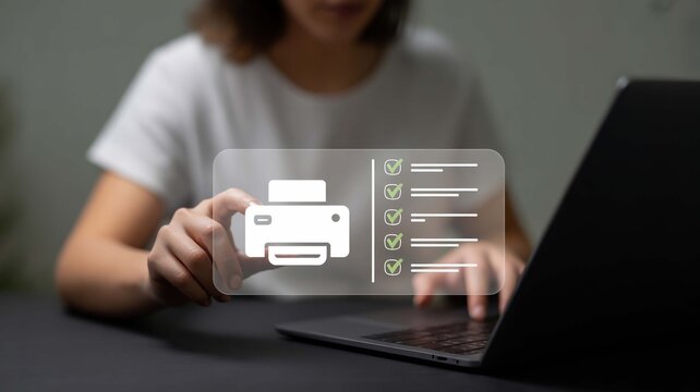 Streamline workflow with digital print checklist on laptop, boosting productivity and efficiency, offering seamless document management for modern business and remote work